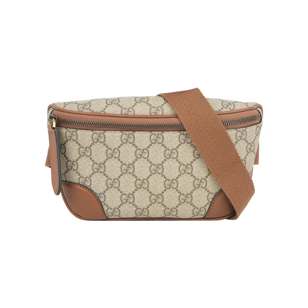 【GUCCI】GG Emblem 塗層帆布及皮革腰包/胸口包(烏木/深棕色)/ 平行輸入