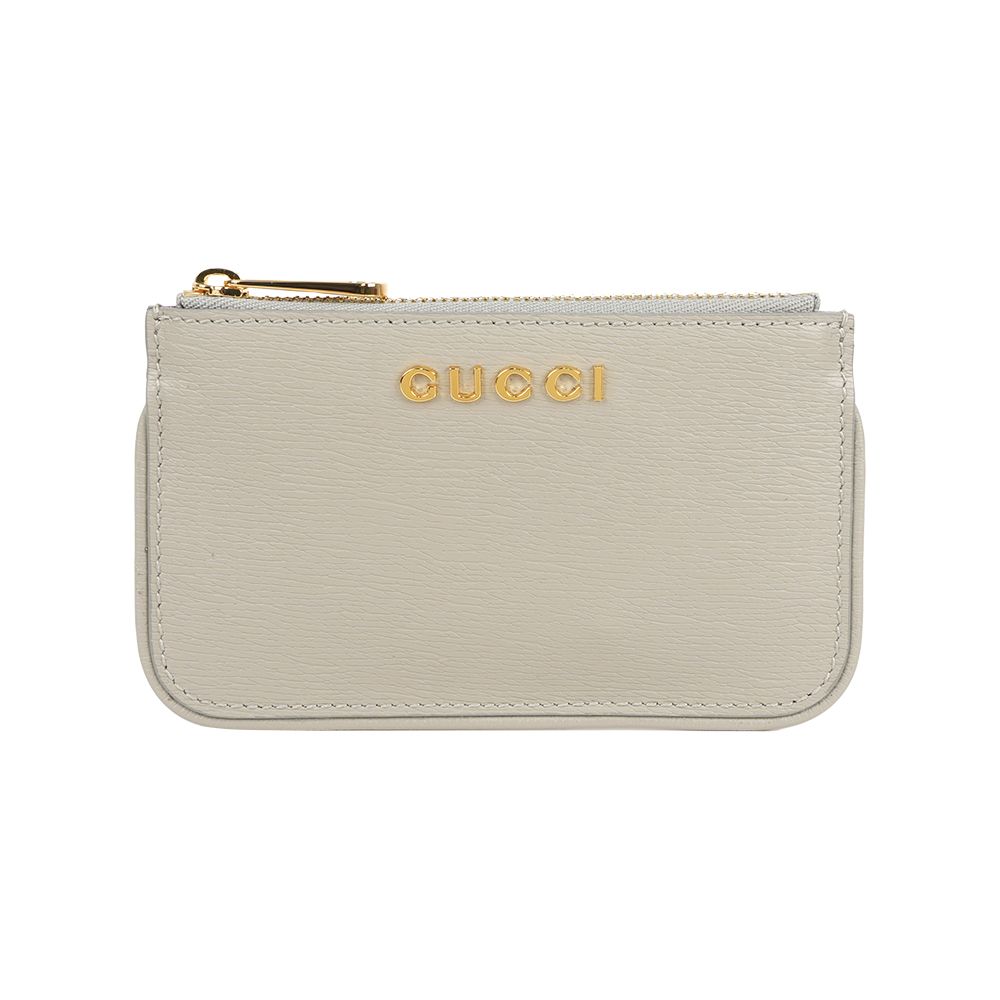 【GUCCI】金色Logo 皮革拉鍊鑰匙包/零錢包(灰色)/ 平行輸入