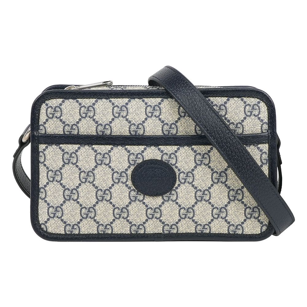 【GUCCI】Interlocking G 塗層帆布拉鍊迷你斜背包(米色/黑藍色)/ 平行輸入