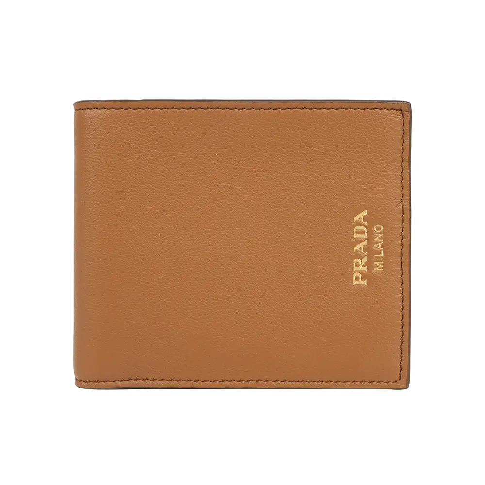 【PRADA】金色燙印Logo 牛皮對開8卡短夾(焦糖色)/ 平行輸入