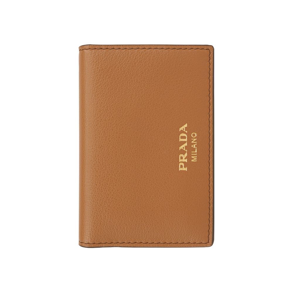 【PRADA】金色燙印Logo 牛皮對卡片夾/名片夾(焦糖色)/ 平行輸入