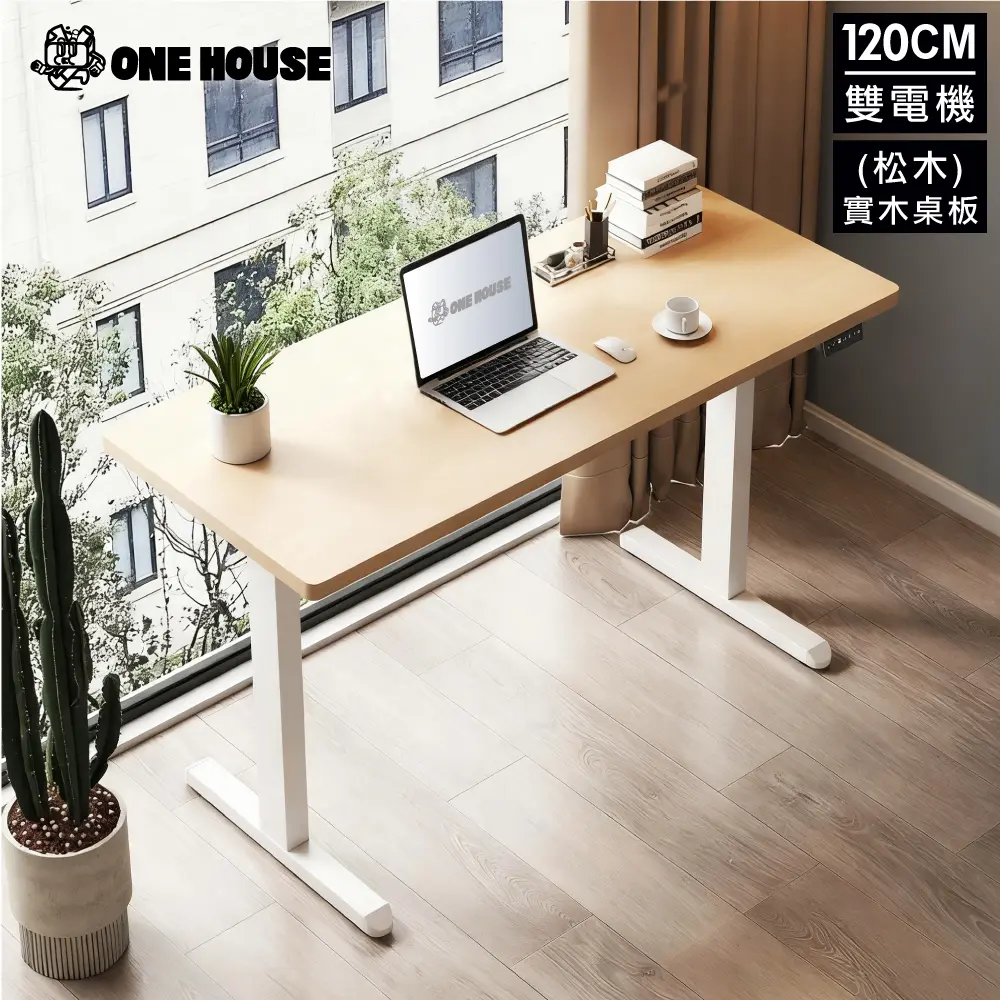 【ONE HOUSE】阿姆斯無段式電動升降桌 120x60CM｜正裝雙機馬達 靜音操控 高承重/ 120寬白楓木 +白架