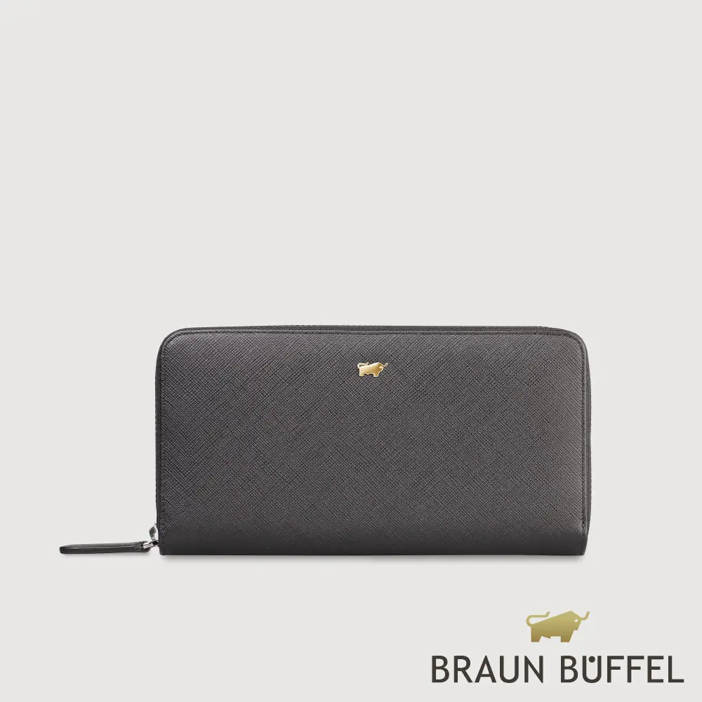 【BRAUN BUFFEL 德國小金牛】台灣總代理 尚恩A 12卡拉鍊長夾(金色LOGO款)-黑色/BF354-602A-BK