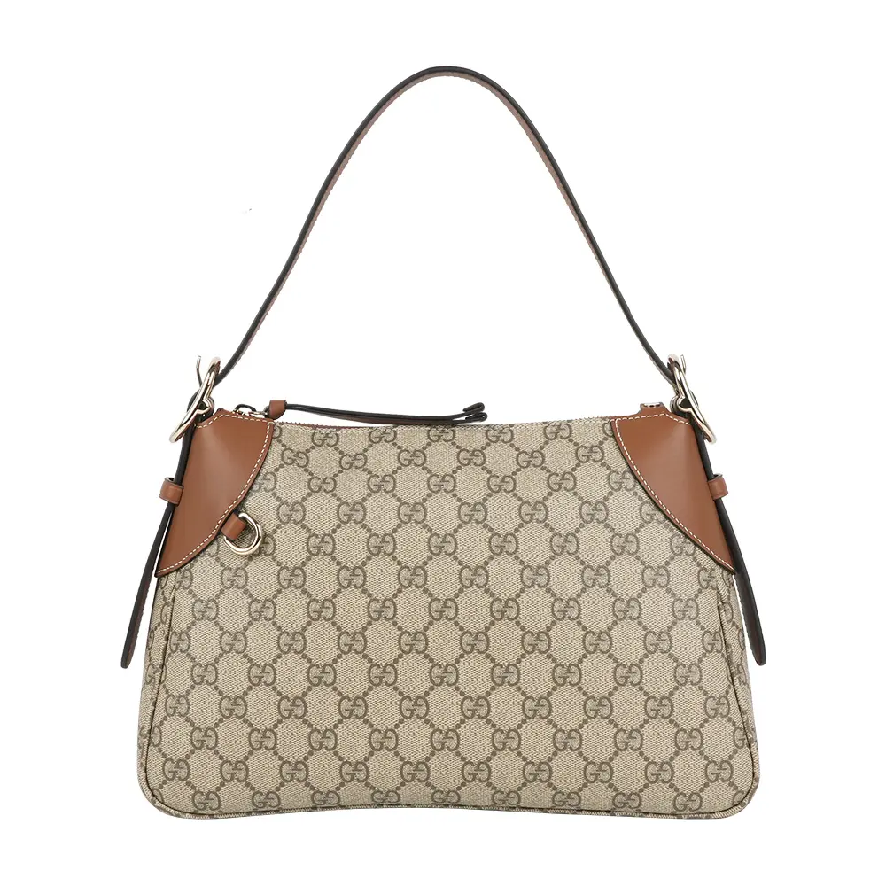 【GUCCI】GG Emblem 塗層帆布及皮革肩背包(米色/深棕色)/ 平行輸入