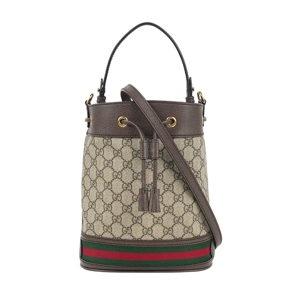 【GUCCI】Ophidia 塗層帆布及皮革綠紅小款水桶包(米色/烏木色)/ 平行輸入