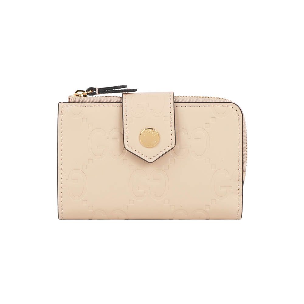 【GUCCI】GG Logo 牛皮壓紋釦式二折中夾(淺米色)/ 平行輸入