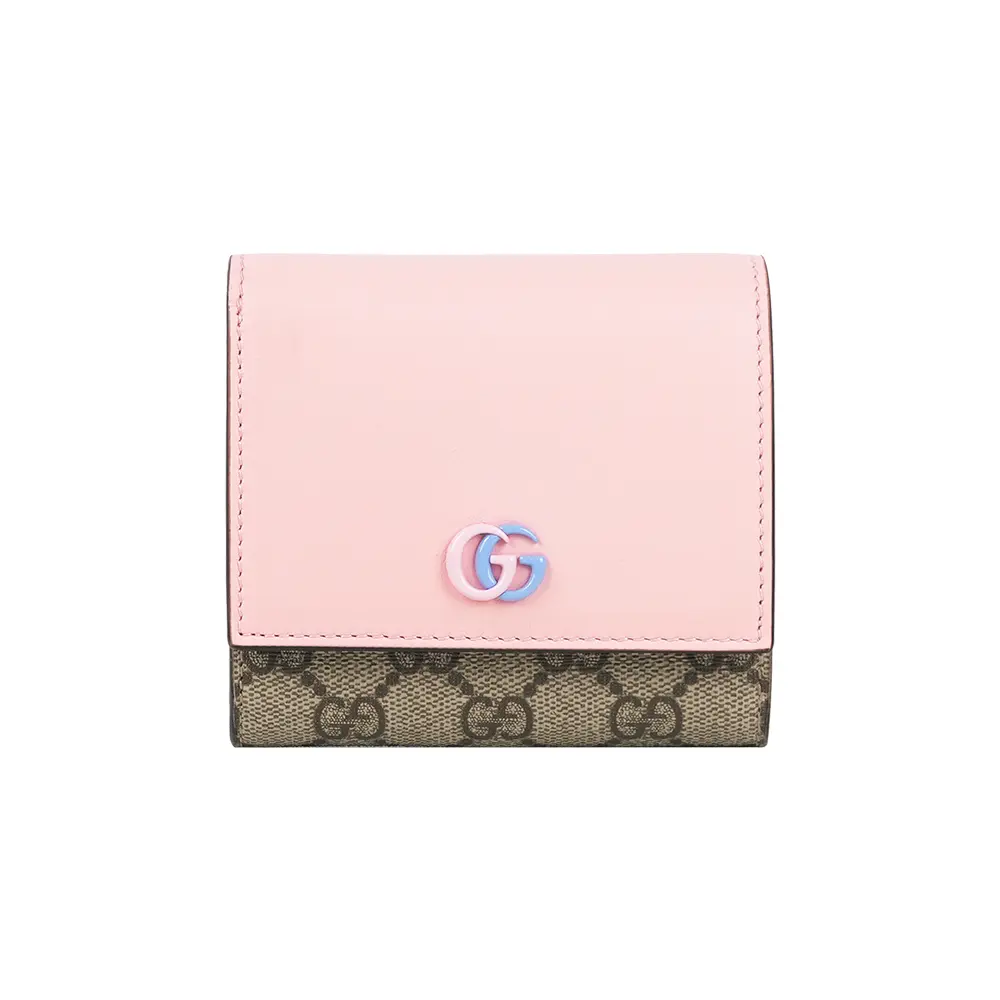 【GUCCI】GG Marmont 塗層帆布及皮革釦式翻蓋短夾(花瓣粉)/ 平行輸入