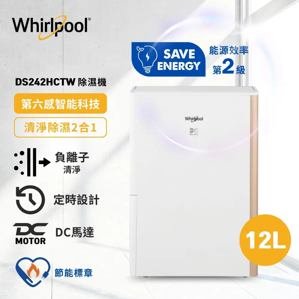 【Whirlpool 惠而浦】Puri-Pro 12公升 2級能效 清淨除濕機 DS242HCTW (香檳金)