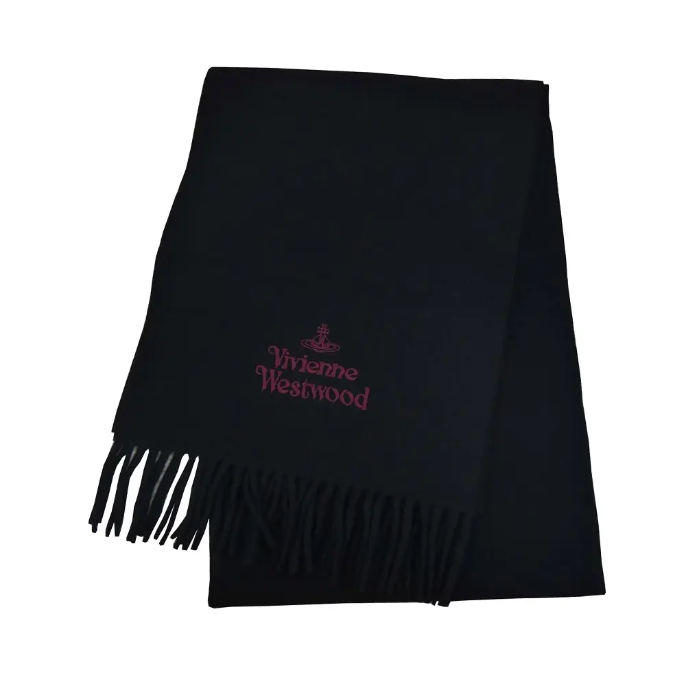 Vivienne Westwood 經典土星刺繡LOGO羊毛流蘇圍巾 黑色 /平行輸入