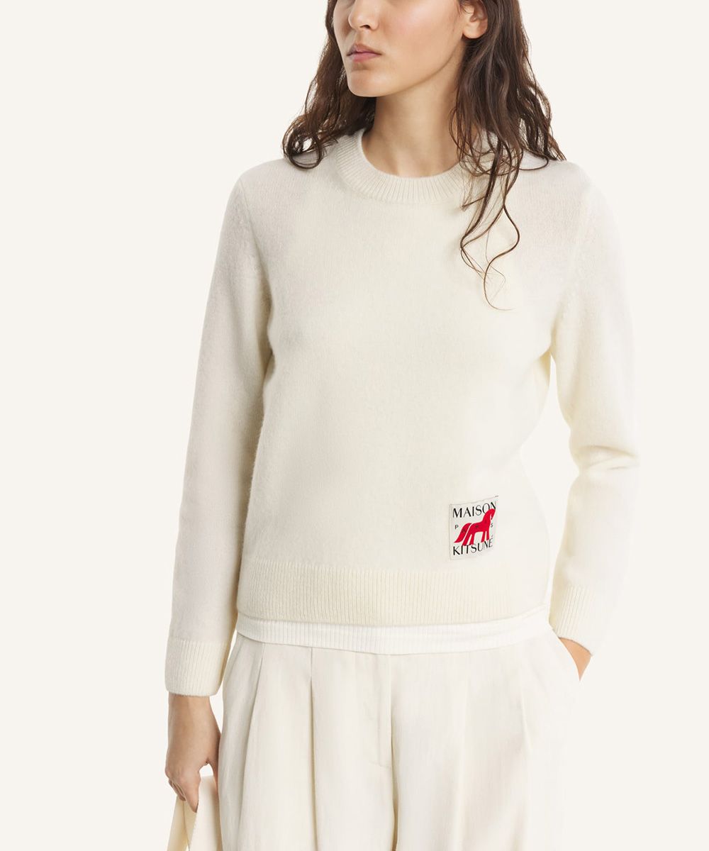 MAISON KITSUNÉ 珍珠奶油白馬年LOGO圓領毛衣/女裝/ S