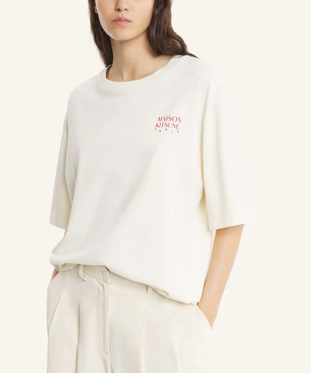 MAISON KITSUNÉ 復古象牙白馬年LOGO舒適短TEE/女裝/ L