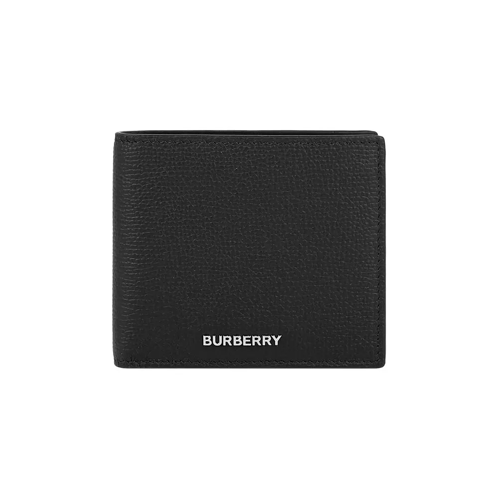 【BURBERRY】銀色Logo 紋理牛皮對開8卡短夾(黑色)/ 平行輸入