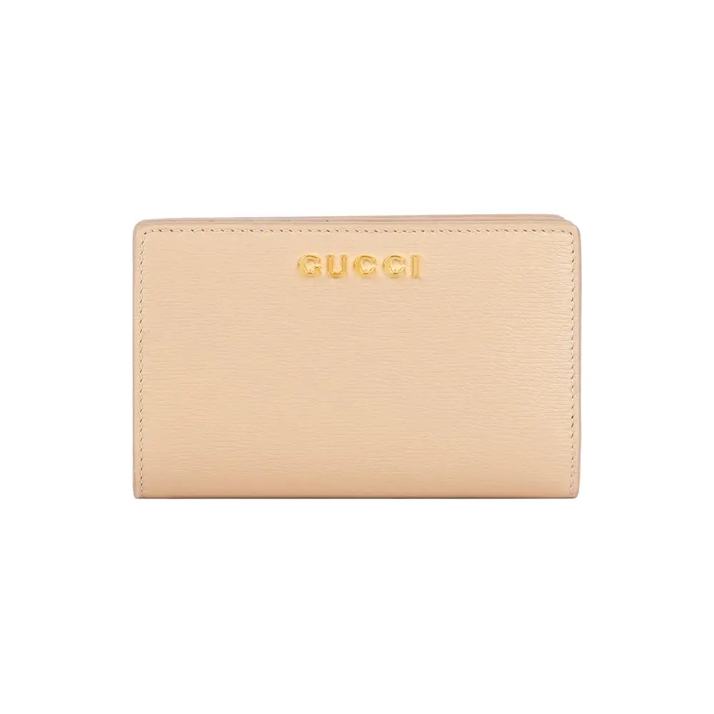 【GUCCI】金字Logo 拉鍊零錢袋暗釦二折中夾(裸粉色)/ 平行輸入
