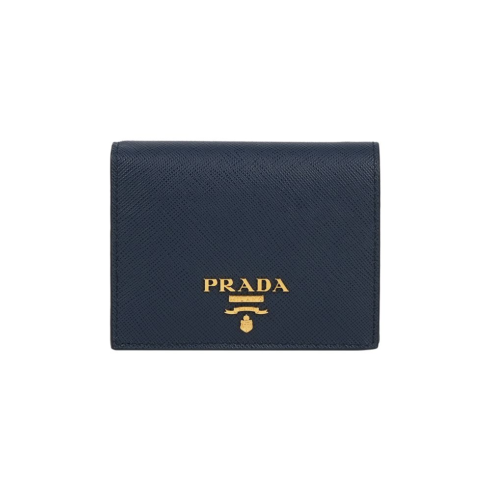 【PRADA】浮雕Logo 防刮皮革二折零錢袋短夾(深藍色)/ 平行輸入