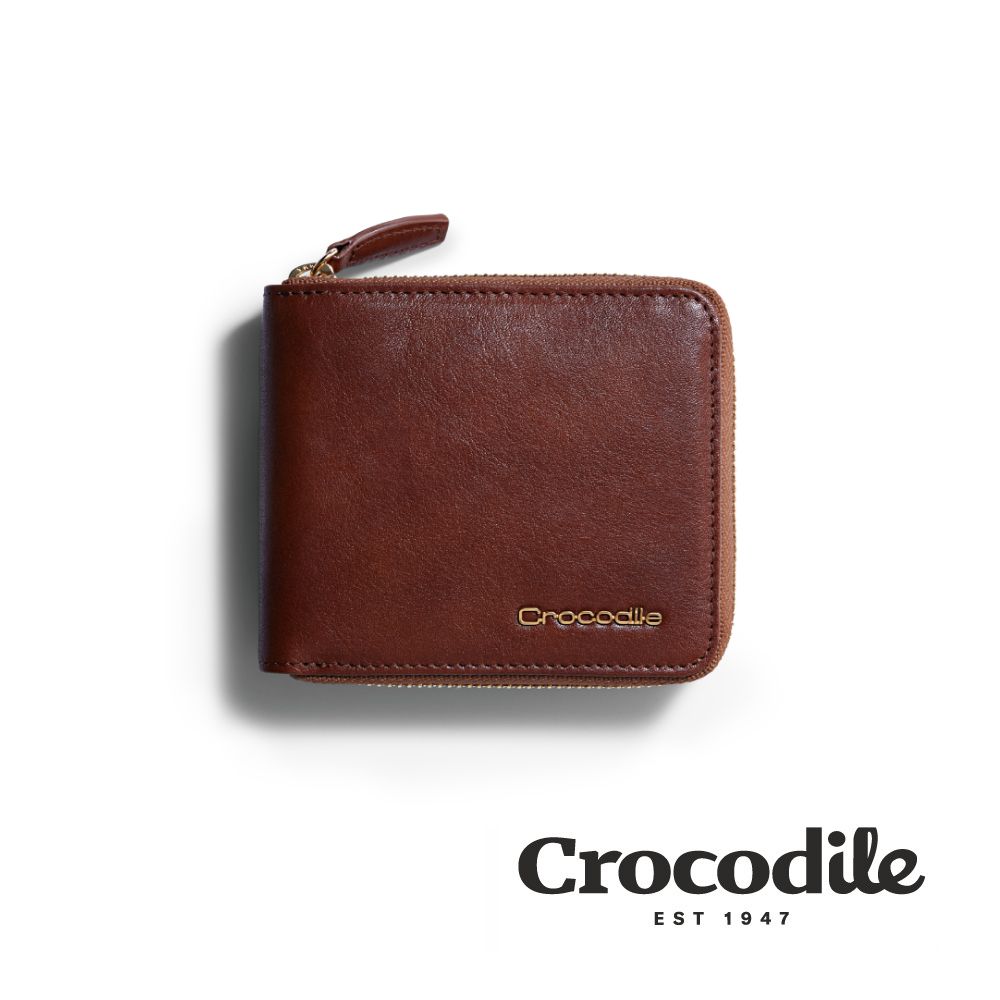 Crocodile/鱷魚皮件/真皮短夾皮夾/男女適用/9卡拉鍊壓釦零錢袋/Naturale/4系列/0103-10601-深/淺咖啡色//淺咖啡色