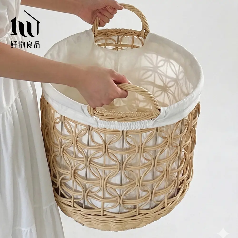 【好物良品】小款直徑37x38cm_日系仿藤編防水防霉洗衣籃雜物收納籃 / 金屬骨架