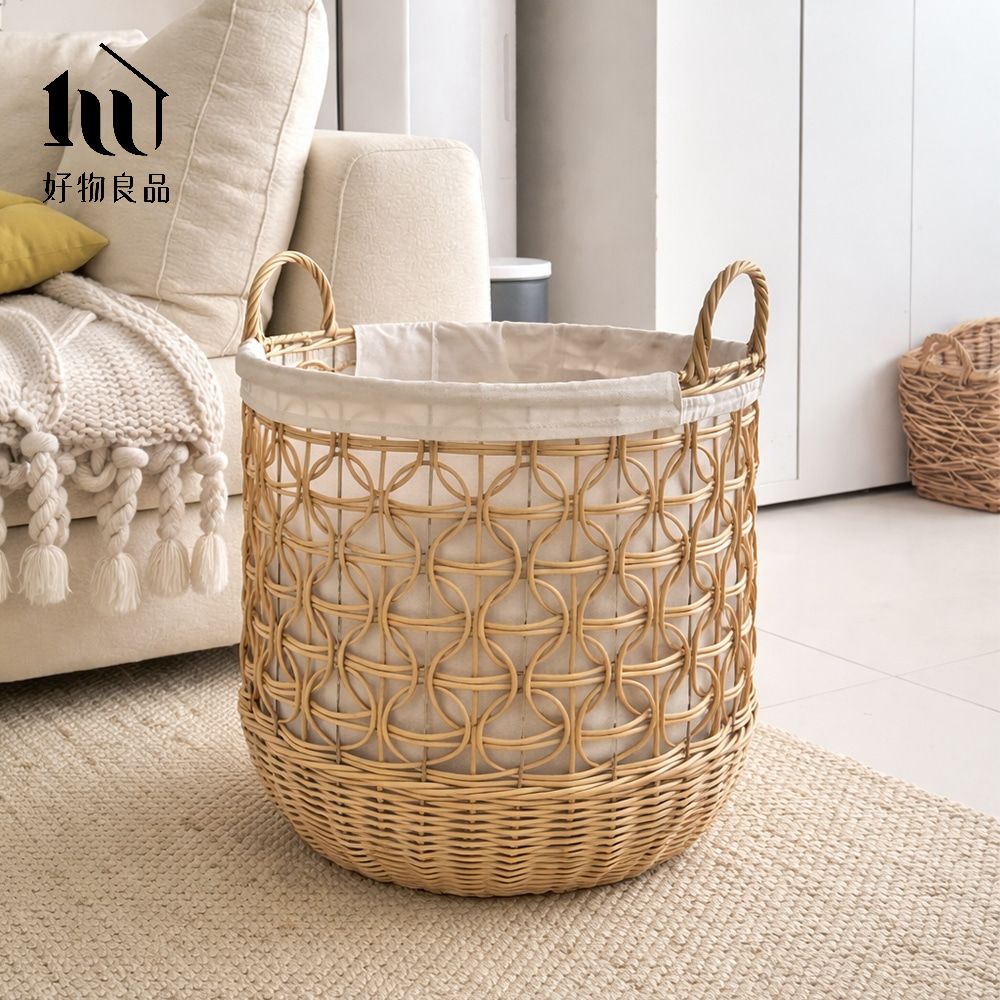 【好物良品】大款直徑44x41cm_日系仿藤編防水防霉洗衣籃雜物收納籃 / 金屬骨架
