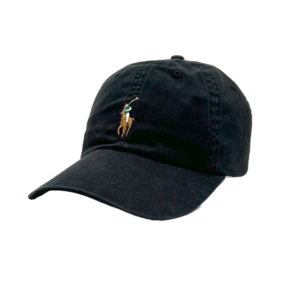 Polo Ralph Lauren 彩色刺繡小馬LOGO皮帶調節鴨舌棒球帽 黑色 /平行輸入