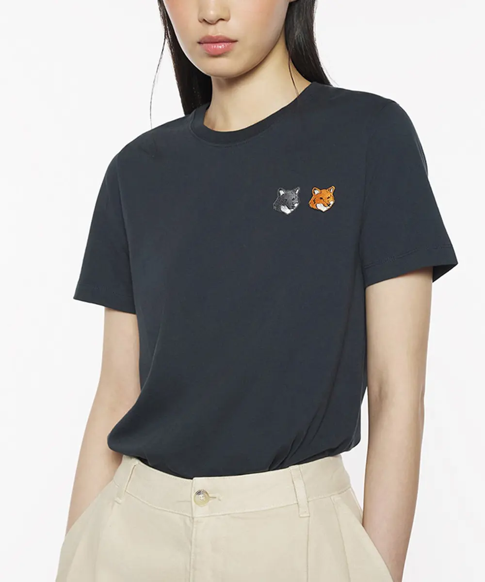MAISON KITSUNÉ 炭黑色雙狐狸頭LOGO經典短TEE_女/ M