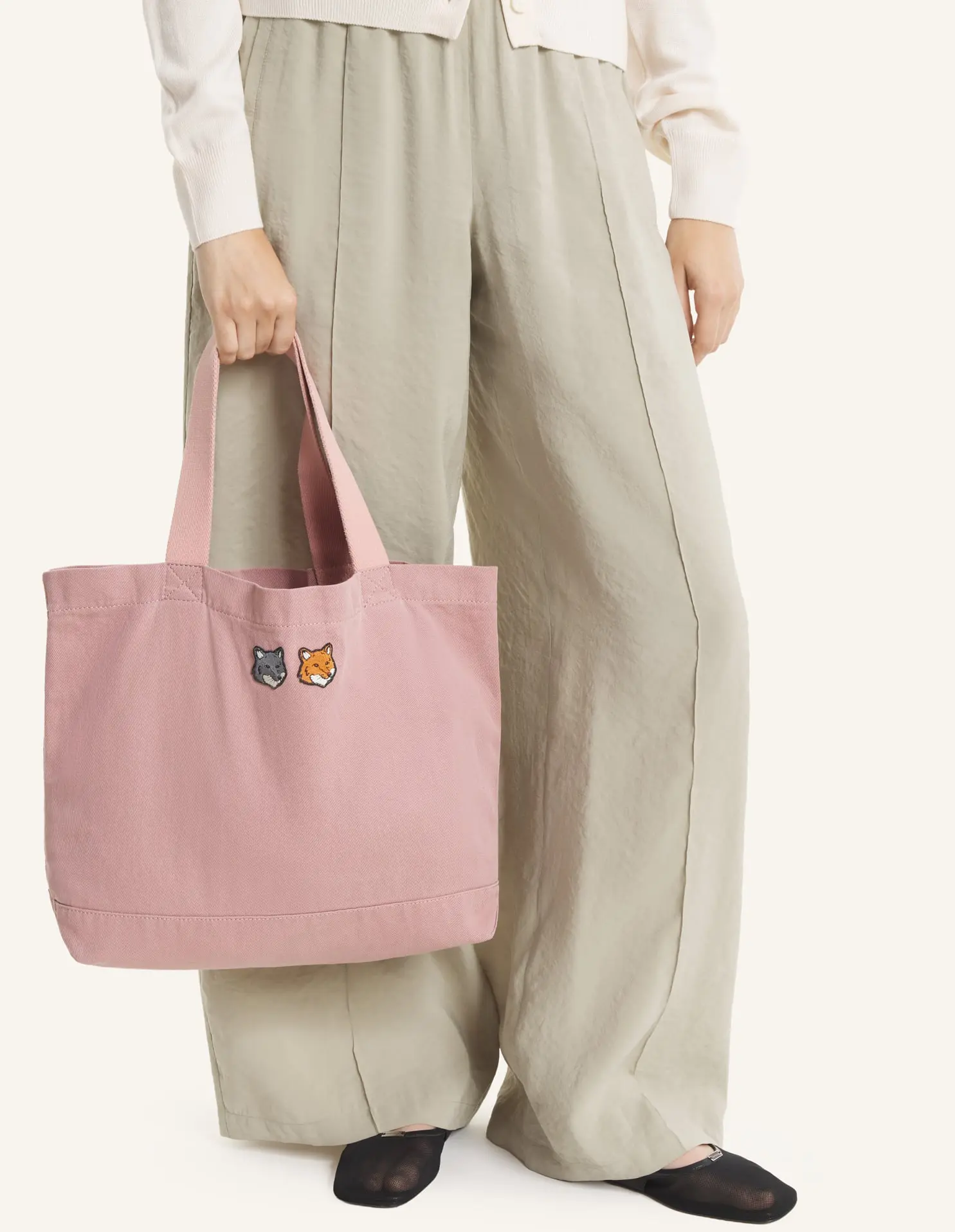 MAISON KITSUNÉ 洗舊玫瑰土色雙狐狸頭LOGO托特包