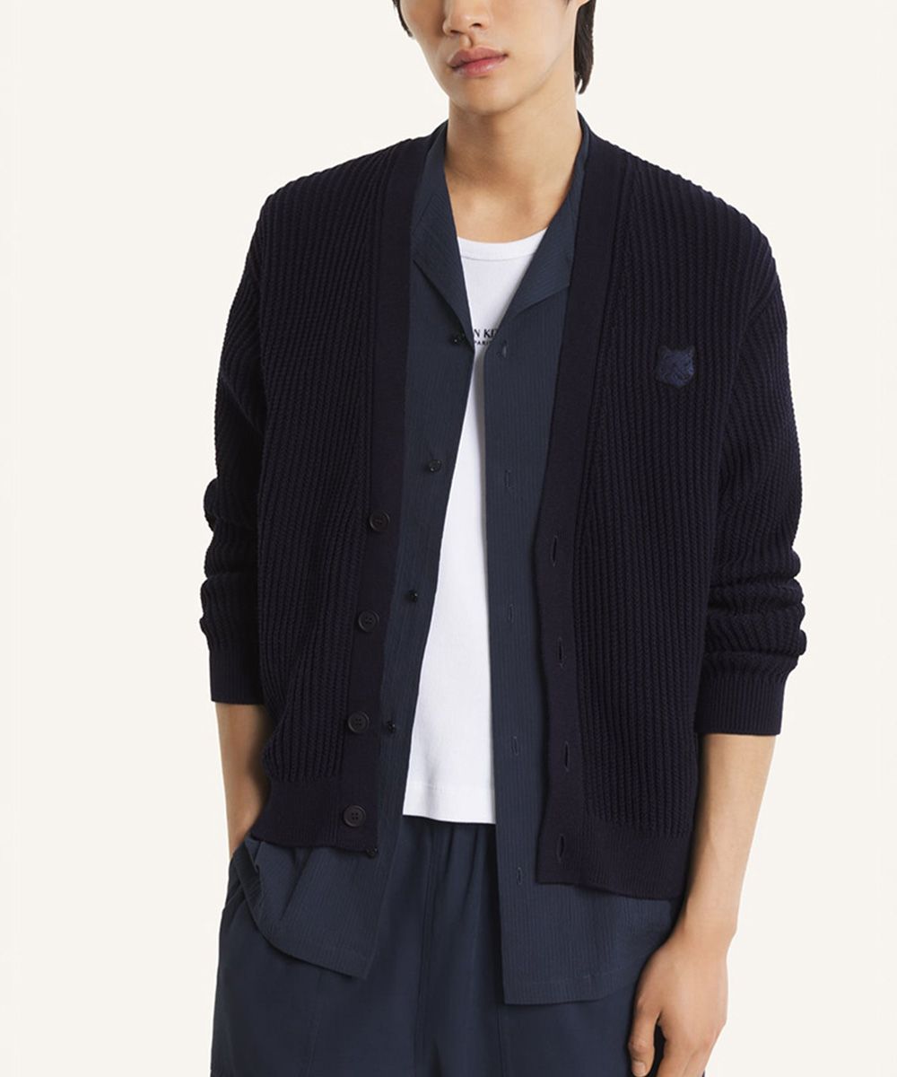 MAISON KITSUNÉ 經典海軍藍變化狐狸頭LOGO棉質羅紋開襟針織衫/中性/男裝/ M