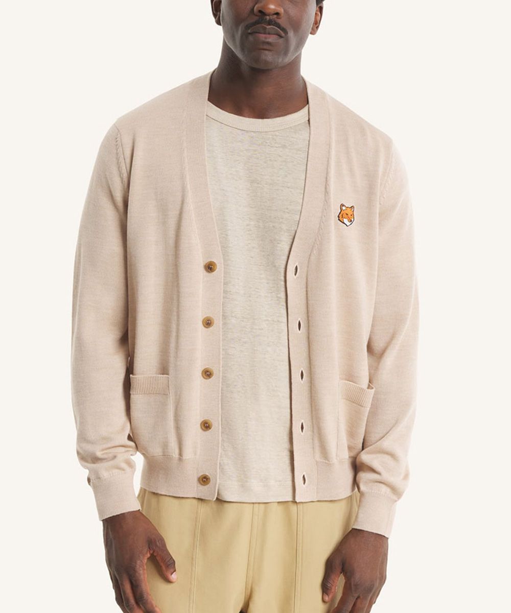 MAISON KITSUNÉ 裸杏棕狐狸頭LOGO經典開襟針織衫/中性/男裝/ M