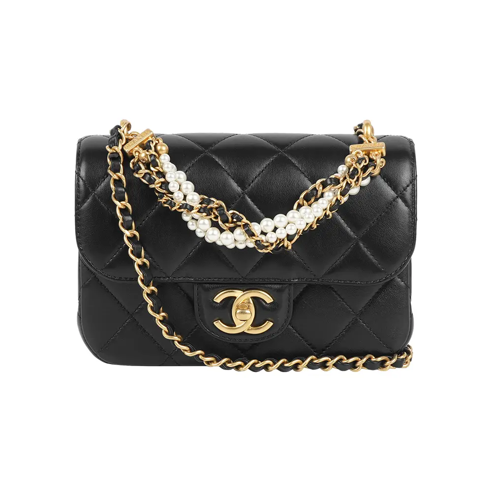 【CHANEL】26C 珍珠鍊手提/斜背二用迷你口蓋包(黑色)/ 平行輸入