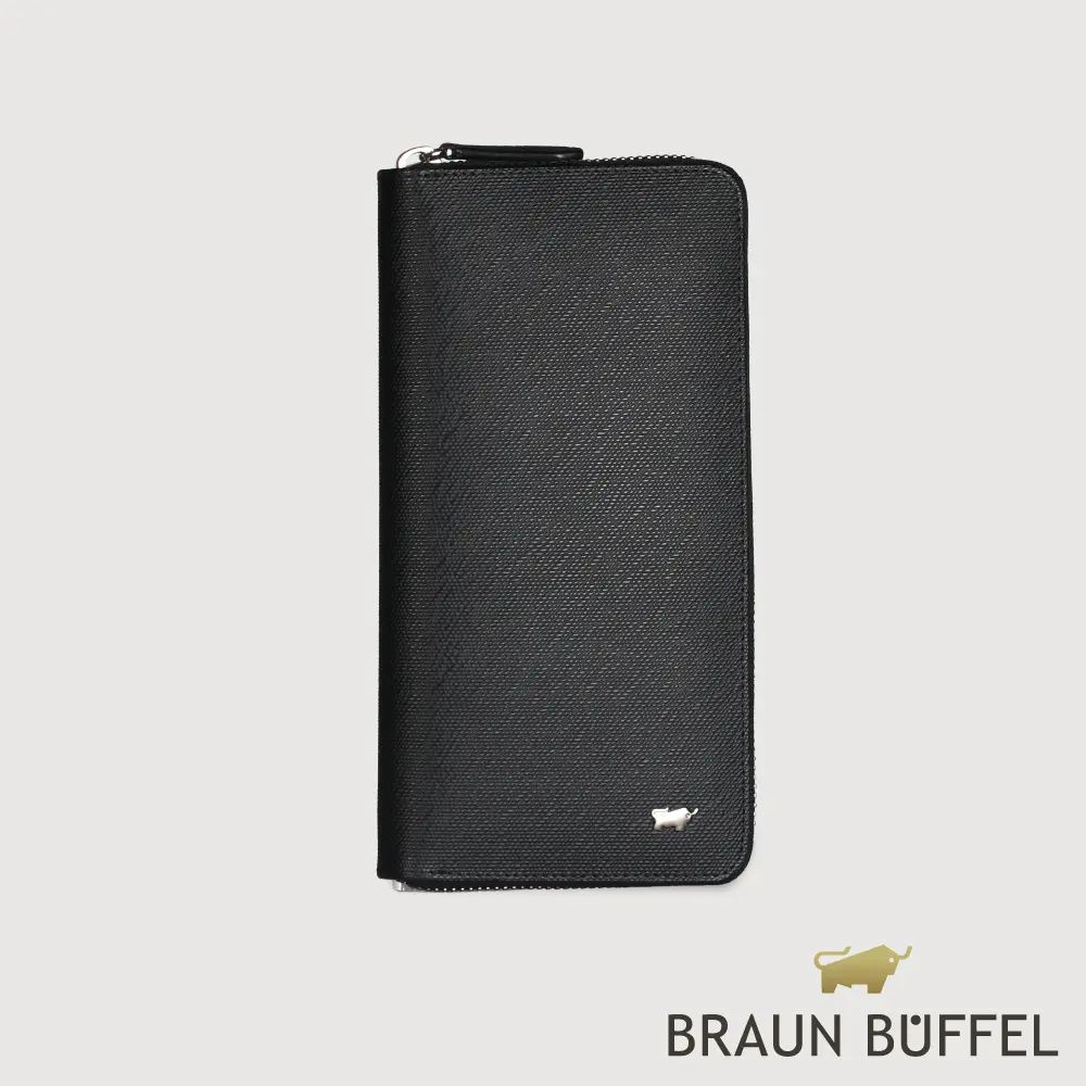 【BRAUN BUFFEL 德國小金牛】台灣總代理 羅根-A 24卡全開拉鍊長夾-黑色/BF569-305-BK
