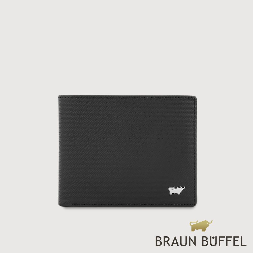 【BRAUN BUFFEL 德國小金牛】台灣總代理 羅根-A 14卡中間翻透明窗短夾-黑色/BF569-317-BK