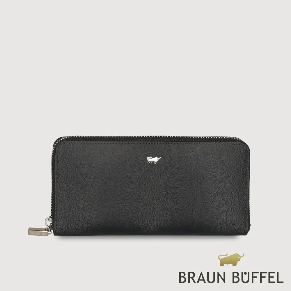 【BRAUN BUFFEL 德國小金牛】台灣總代理 潘-A  8卡拉鍊長夾-黑色/BF869-602-BK