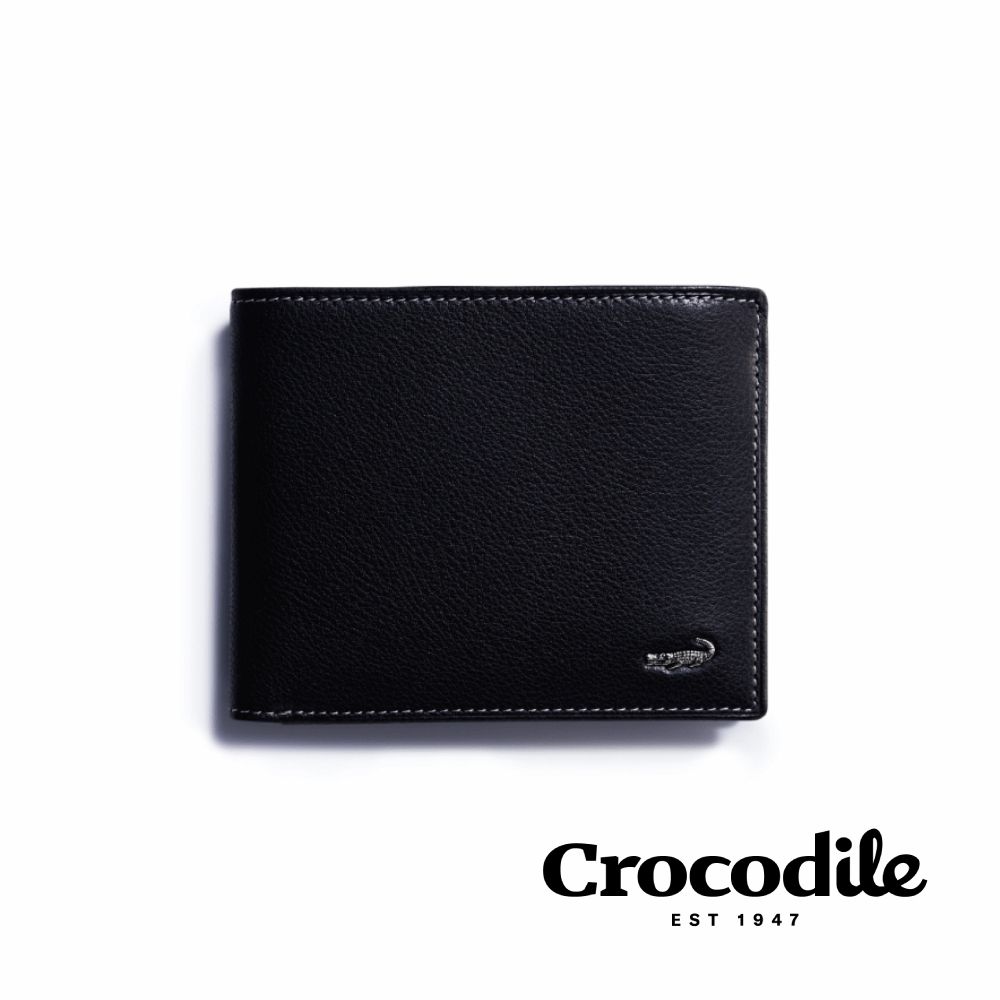 Crocodile 鱷魚皮件/男生短夾/荔紋真皮/12卡層/拉鍊層/雙鈔/0203-11011-黑咖兩色/ 黑色