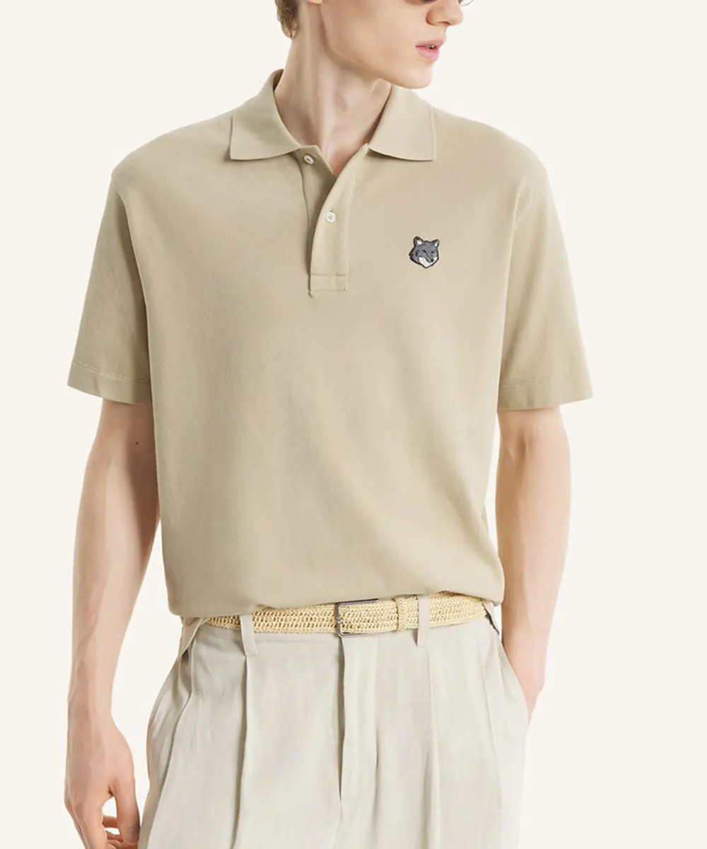 MAISON KITSUNÉ 奶茶棕灰狐狸頭LOGO舒適POLO衫/中性/男裝/ M
