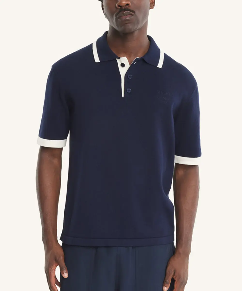 MAISON KITSUNÉ 經典海軍藍滾邊手繪LOGO棉質針織舒適POLO衫/中性/男裝/ L