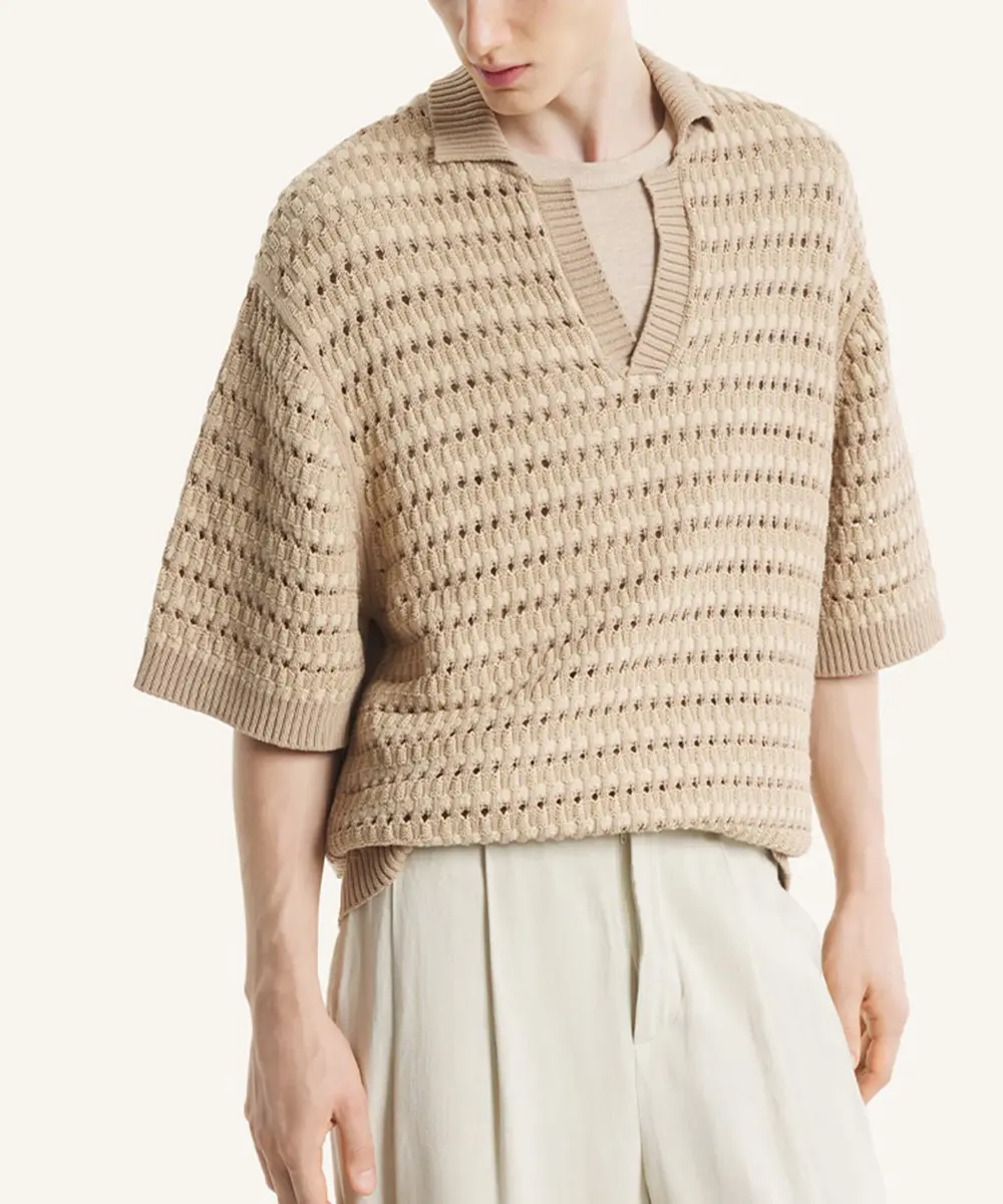 MAISON KITSUNÉ 拿鐵色籃網針織短袖POLO衫/中性/男裝/ S
