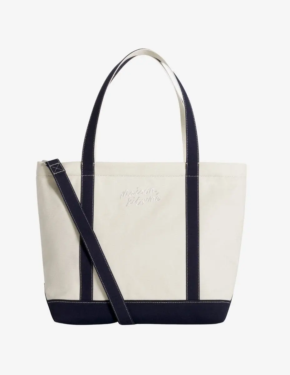 MAISON KITSUNÉ 古典白黑背帶手繪LOGO托特包(大)