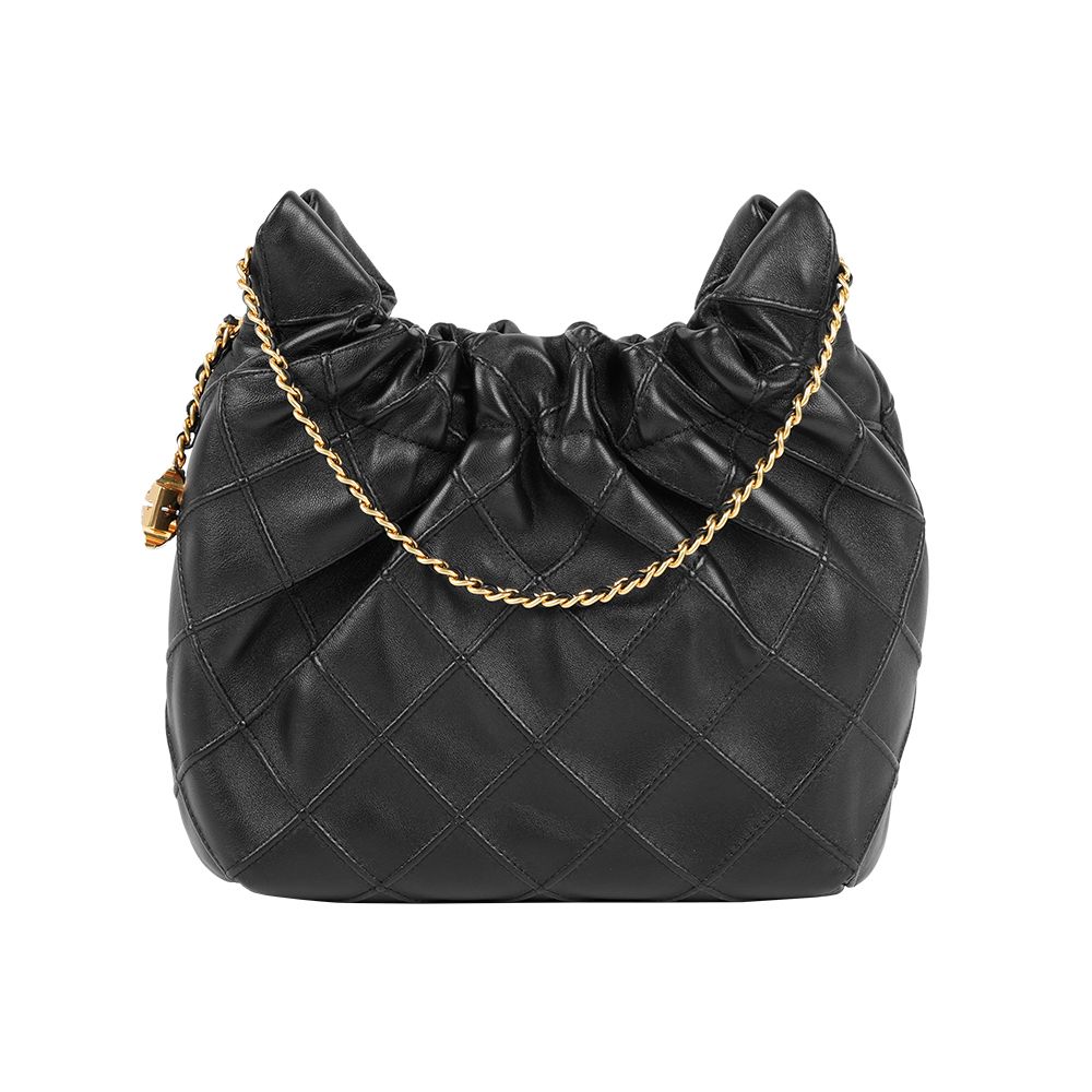 【TORY BURCH】Fleming Hobo 縫線納帕皮革手提/斜背迷你二用包(黑色)/ 平行輸入