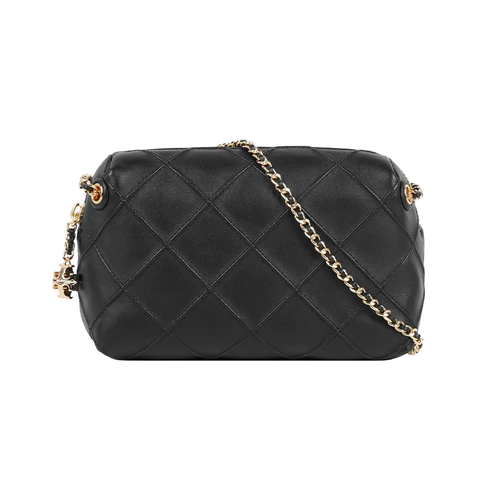 【TORY BURCH】Fleming 縫線菱格紋迷你貝殼包(黑色)/ 平行輸入