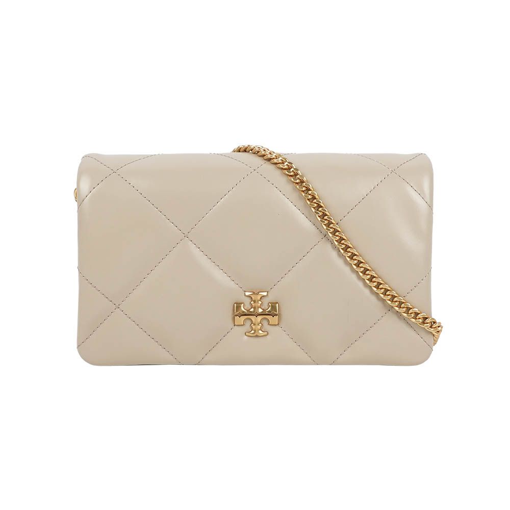 【TORY BURCH】Kira 菱格紋縫線皮夾式鍊包/WOC(淺石色)/ 平行輸入