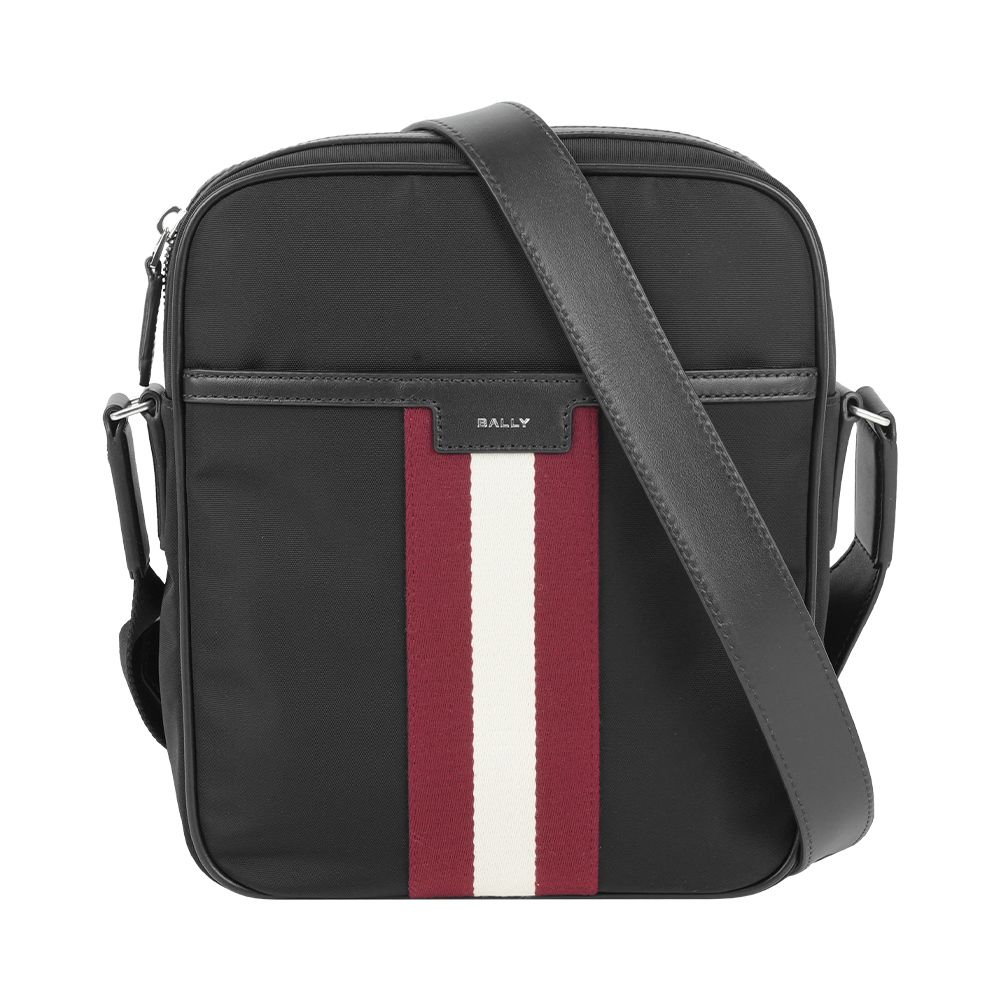 【BALLY】Code 紅白條紋尼龍斜背包(黑色)/ 平行輸入