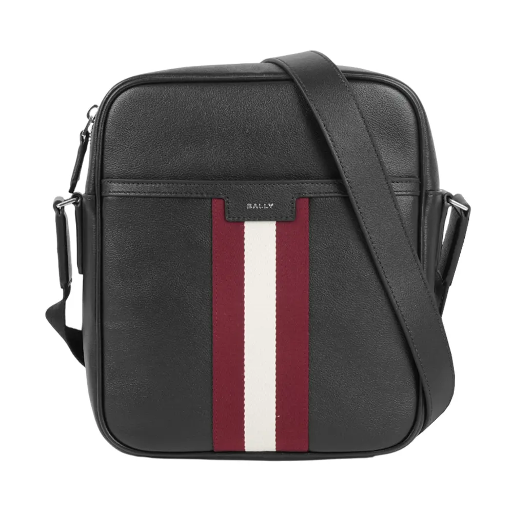 【BALLY】Code 紅白條紋小牛皮斜背包(黑色)/ 平行輸入