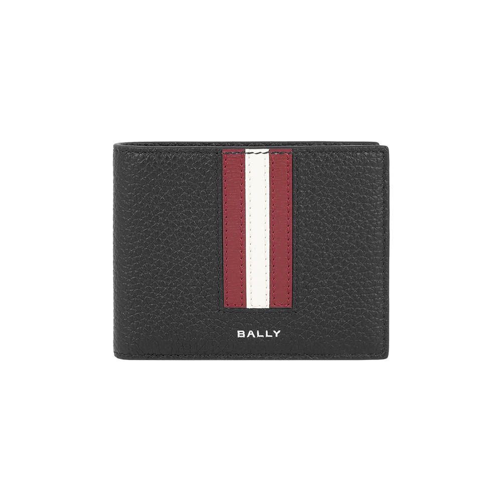 【BALLY】Ribbon 紅白條紋牛皮6卡對開短夾(黑色)/ 平行輸入