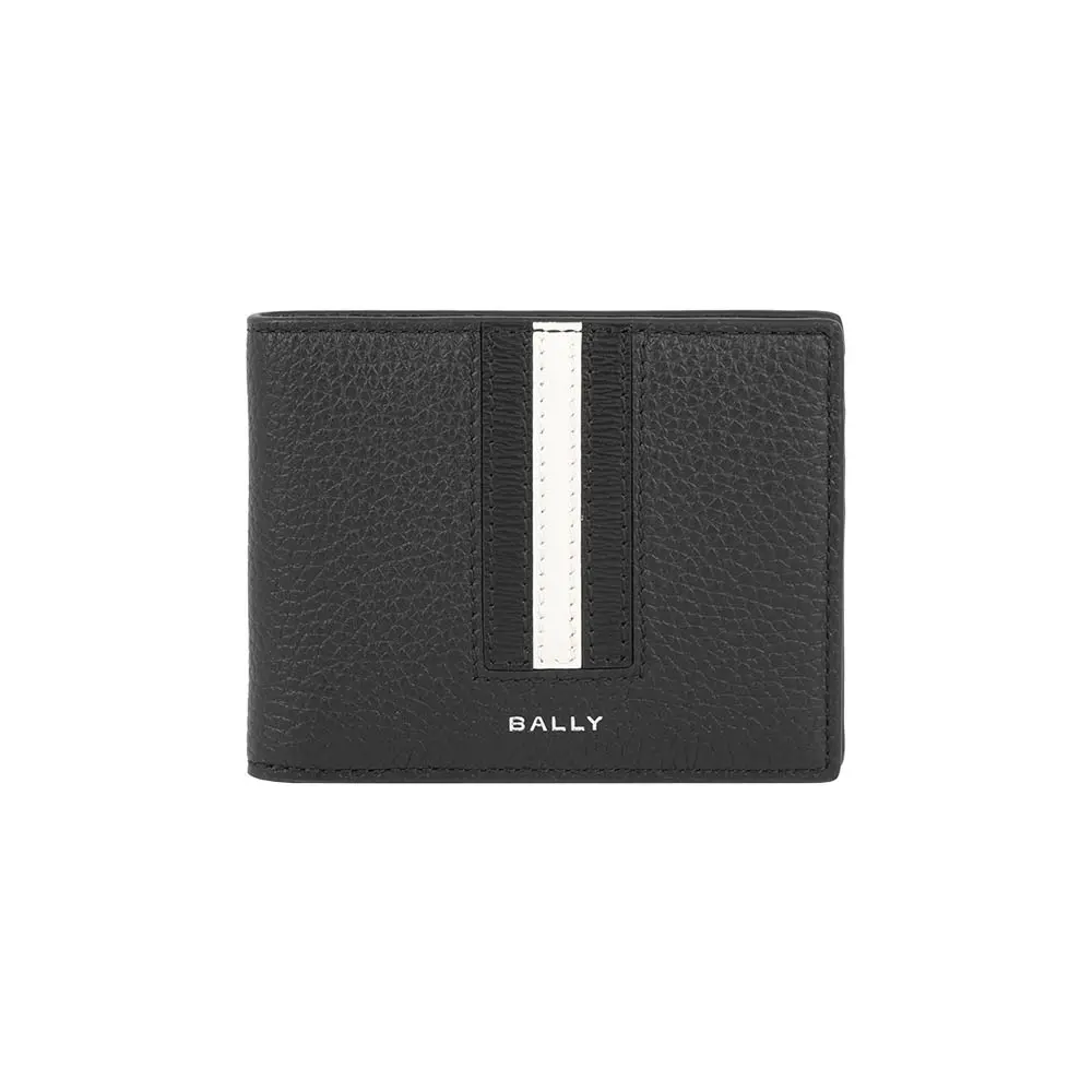 【BALLY】Ribbon 黑白條紋牛皮6卡對開短夾(黑色)/ 平行輸入