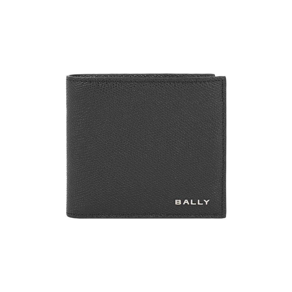 【BALLY】銀字Logo 粒紋小牛皮對開零錢袋短夾(黑色)/ 平行輸入