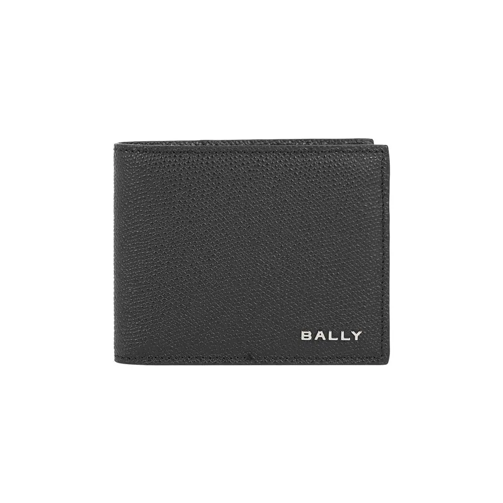 【BALLY】銀字Logo 粒紋小牛皮對開證件照短夾(黑色)/ 平行輸入