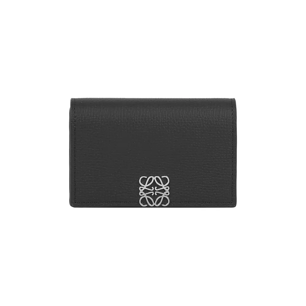 【LOEWE】Anagram 銀色標誌粒紋牛皮釦式卡片夾/名片夾(黑色)/ 平行輸入