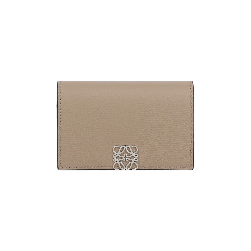 【LOEWE】Anagram 銀色標誌粒紋牛皮釦式卡片夾/名片夾(沙色)/ 平行輸入