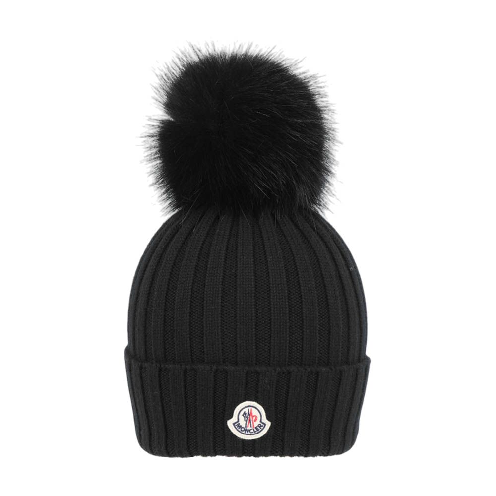 【Moncler】Logo 毛球及美麗諾羊毛毛帽(黑色)/ 平行輸入