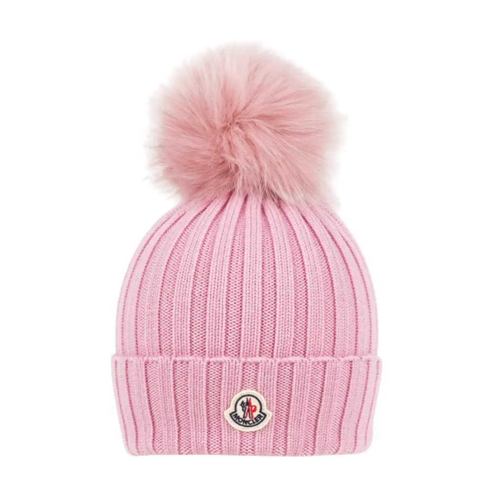 【Moncler】Logo 毛球及美麗諾羊毛毛帽(粉色)/ 平行輸入