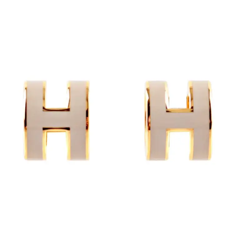【HERMES】Mini Pop H立體簍空橢圓LOGO耳環(奶茶色/金色)/ 平行輸入