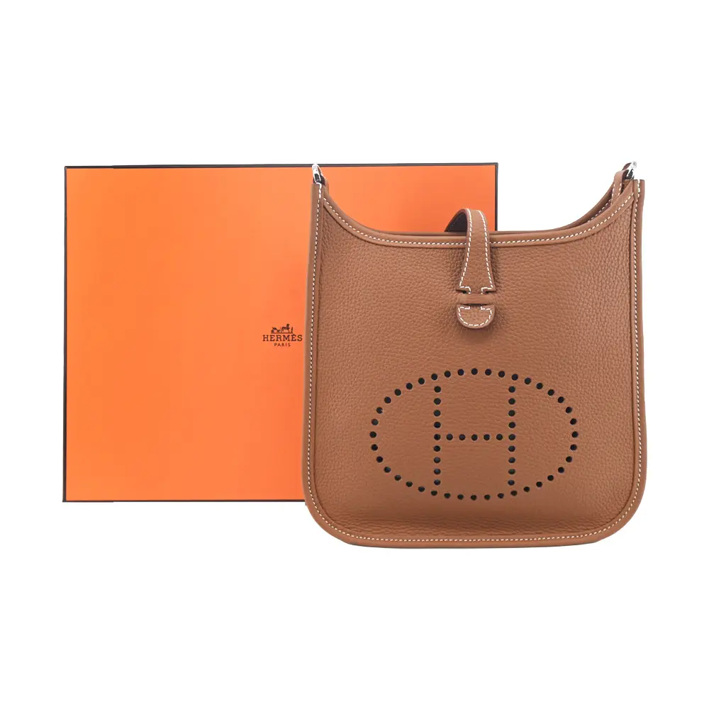 Hermes 愛馬仕 Evelyne 23cm H LOGO牛皮布款背帶斜/肩背包(棕37/K刻)/平行輸入